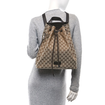 GUCCI Monogram Dollar Calfskin O Drawstring Backpack Beige Ebony Testa di Moro Dark Chocolate