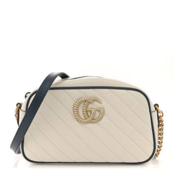 GUCCI Vintage Effect Calfskin Matelasse Diagonal Small Torchon GG Marmont Chain Shoulder Bag Mystic White Blue Agata
