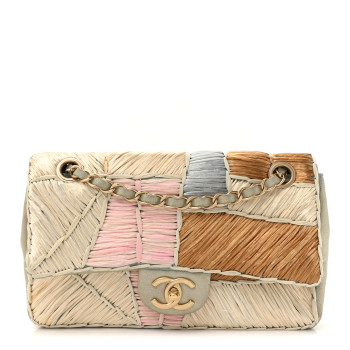 CHANEL Metallic Woven Raffia Patchwork Single Flap Green
