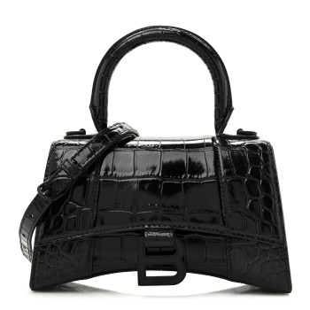 BALENCIAGA Shiny Calfskin Monochrome Crocodile Embossed Hourglass Top Handle Bag XS Black
