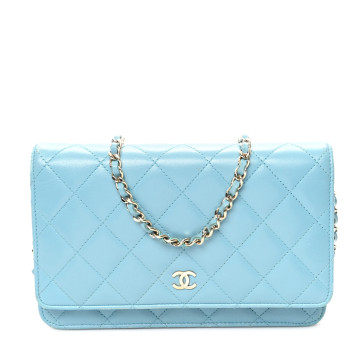 CHANEL Lambskin Quilted Mini Wallet On Chain WOC Light Blue