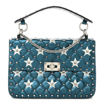 VALENTINO GARAVANI Metallic Wrinkled Lambskin Star Medium Rockstud Spike Shoulder Bag Peacock