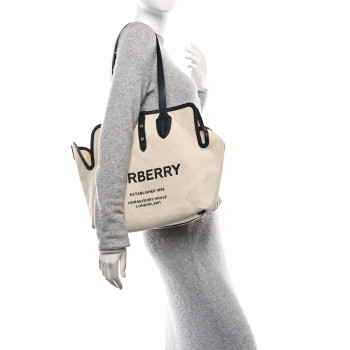 BURBERRY Cotton Soft Canvas Calfskin Medium Belt Tote Natural Black