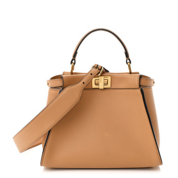 FENDI Vitello Seta Canvas FF Embroidered Mini Peekaboo Iconic Satchel Miele Scuro Poudre
