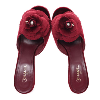 CHANEL Suede Camellia Mule Sandals 39 Red