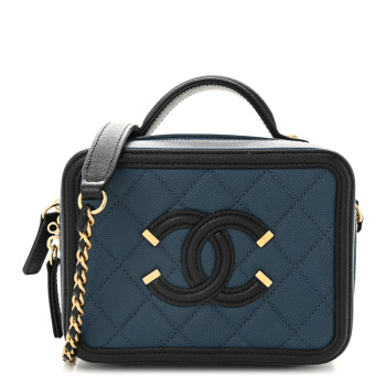 CHANEL Caviar Quilted Small CC Filigree Vanity Case Navy Black