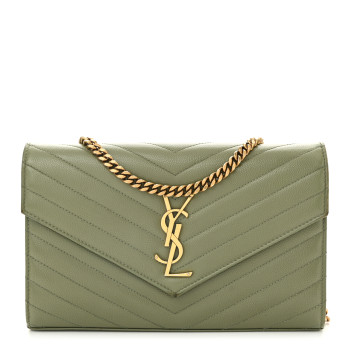 SAINT LAURENT Grain De Poudre Matelasse Chevron Monogram Chain Wallet Pistachio