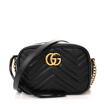 GUCCI Calfskin Matelasse Mini GG Marmont Chain Shoulder Bag Black