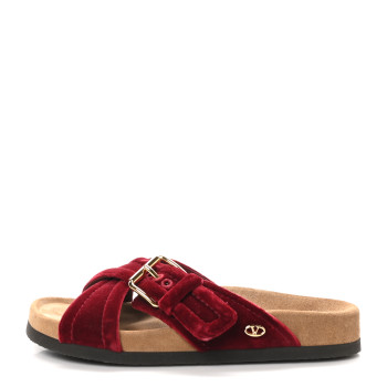 VALENTINO GARAVANI Velvet Flat Slide Sandals 37 Red