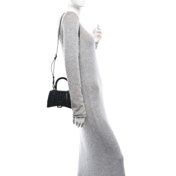 BALENCIAGA Shiny Calfskin Monochrome Crocodile Embossed Hourglass Top Handle Bag XS Black
