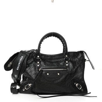 BALENCIAGA Agneau Classic Silver Hardware S City Logo Strap Black White