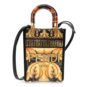 FENDI X VERSACE Vitello King Catalan Mirror Plexiglass Fendace FF Baroque Logo Mini Fendi Sunshine Shopper Tote Black Gold