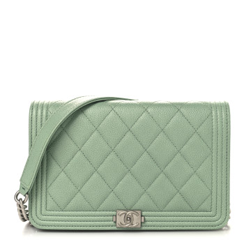 CHANEL Caviar Quilted Boy Wallet On Chain WOC Light Green