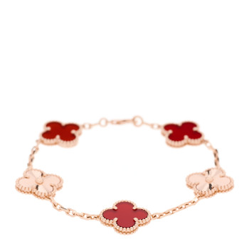 VAN CLEEF & ARPELS 18K Rose Gold Carnelian 5 Motifs Guilloche Vintage Alhambra Bracelet