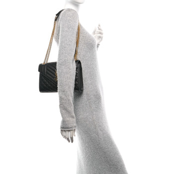 SAINT LAURENT Grain De Poudre Textured Mixed Matelasse Triquilt Medium Monogram Satchel Black