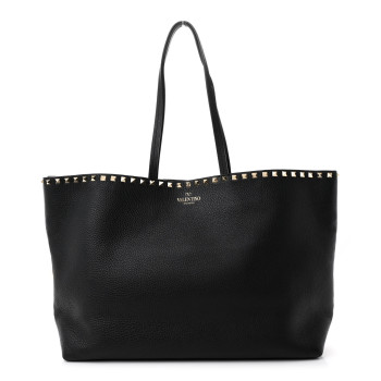 VALENTINO GARAVANI Grained Calfskin Rockstud Shoulder Tote Black