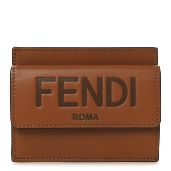 FENDI Vitello King Tamponato Logo Embossed Fold Over Card Holder Wallet Cuoio