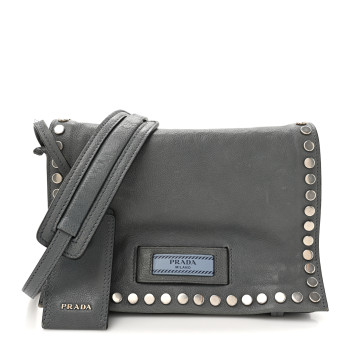 PRADA Glace Calf Studded Etiquette Flap Marine Astrale
