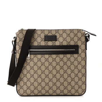 GUCCI GG Supreme Monogram Medium Flat Messenger Bag Beige Brown
