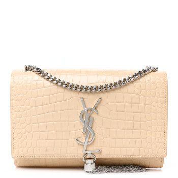 SAINT LAURENT Calfskin Crocodile Embossed Small Classic Monogram Kate Tassel Satchel Nude Powder