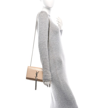 SAINT LAURENT Calfskin Crocodile Embossed Small Classic Monogram Kate Tassel Satchel Nude Powder