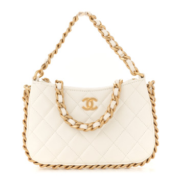 CHANEL Shiny Crumpled Lambskin Quilted Trendy Chain Around Hobo White