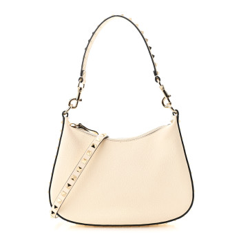 VALENTINO GARAVANI Grainy Calfskin Small Rockstud Hobo Ivory