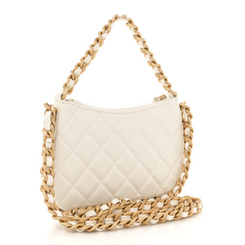 CHANEL Shiny Crumpled Lambskin Quilted Trendy Chain Around Hobo White
