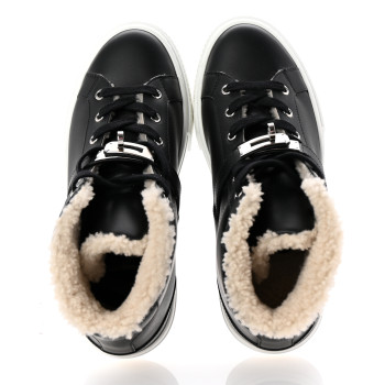 HERMES Calfskin Shearling High-Top Day Sneakers 37.5 Black Ecru
