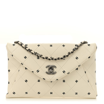 CHANEL Printed Lambskin Logo CC Envelope Clutch With Chain White