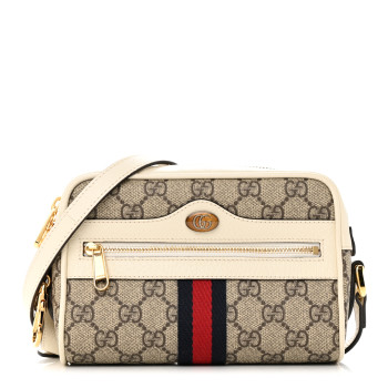 GUCCI GG Supreme Monogram Textured Calfskin Web Mini Ophidia Shoulder Bag Beige Ebony Mystic White