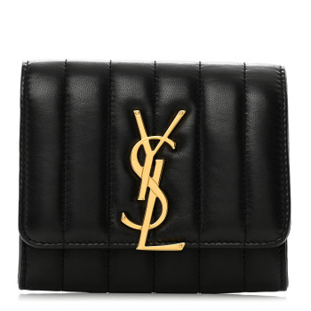 SAINT LAURENT Lambskin Matelasse Monogram Vicky Tri-Fold Wallet Black