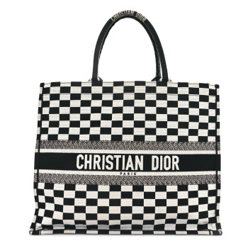 CHRISTIAN DIOR Canvas Embroidered Checkered Book Tote Black White