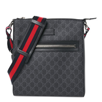 GUCCI GG Supreme Monogram Appia Calfskin Web Flat Messenger Bag Black Grey