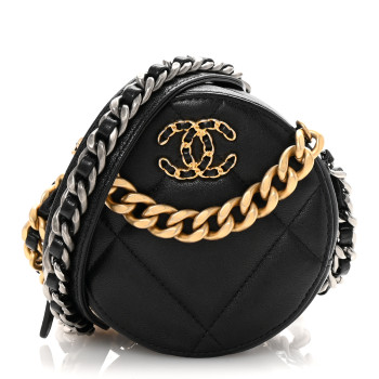 CHANEL Shiny Goatskin Quilted Chanel 19 Round Clutch With Chain Black