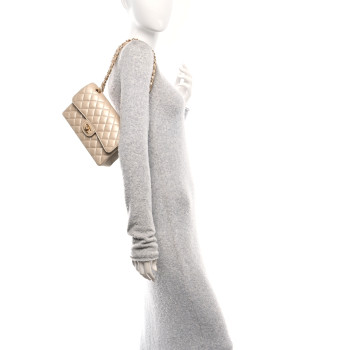 CHANEL Iridescent Caviar Quilted Small Double Flap  Beige