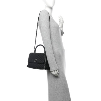 CHANEL Caviar Chevron Quilted Small Coco Handle Flap So Black