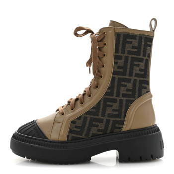 FENDI Fabric Jacquard Vitello FF Domino 50mm Biker Boots 38 Tobacco Black Sand