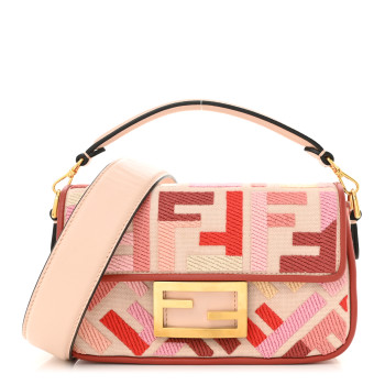 FENDI Canvas Vitello King Seta FF Embroidered Mini Baguette Rosa Quarzo Bloody Mary Multicolor
