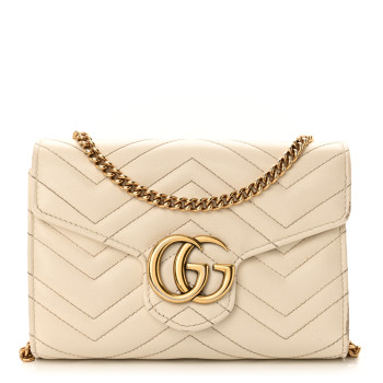 GUCCI Calfskin Matelasse GG Marmont Chain Wallet Mystic White