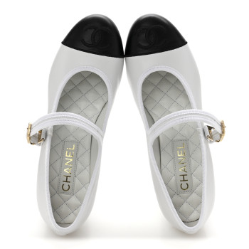 CHANEL Lambskin CC Cap Toe Mary Jane Pumps 39 White Black
