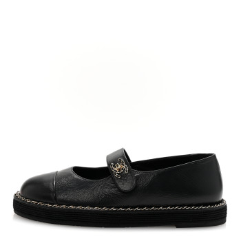 CHANEL Crumpled Lambskin Cap Toe Chain CC Turnlock Mary Jane Flats 37 Black