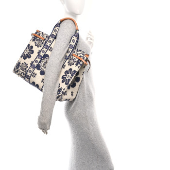 VALENTINO GARAVANI Jacquard Canvas Flower Vlogo Large Antibes Tote Ivory Navy Natural
