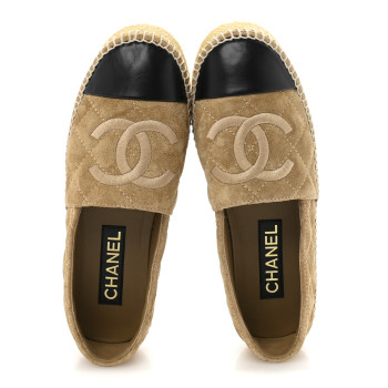 CHANEL Suede Quilted CC Platform Espadrilles 37 Beige Black