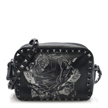 VALENTINO GARAVANI X UNDERCOVER Calfskin Rockstud Rose Print Camera Crossbody Bag Black