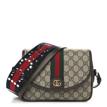 GUCCI GG Supreme Monogram Textured Dollar Calfskin Web Studded Mini Ophidia Flap Shoulder Bag Beige Ebony New Acero