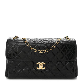 CHANEL Glazed Crinkled Calfskin Quilted Flap Black