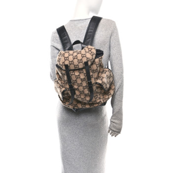 GUCCI Covered Wool GG Monogram Large Double Buckle Backpack Beige Ebony Black