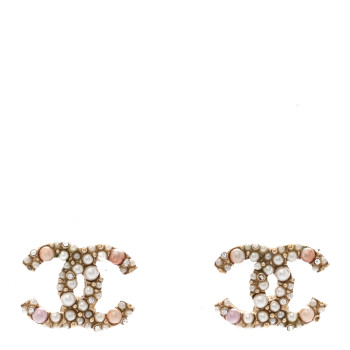 CHANEL Pearl Crystal CC Charms Stud Earrings Light Gold Pink