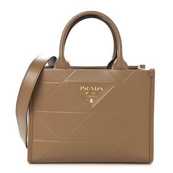 PRADA Soft Calfskin Triangolo Symbole Embossed Mini Tote Caramel